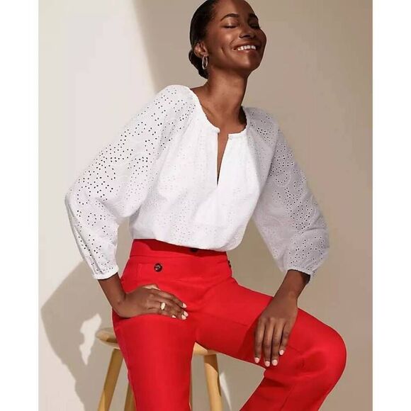 Ann Taylor Eyelet Top Women's Large White Long Raglan Sleeve Popover Blouse - Picture 1 of 11